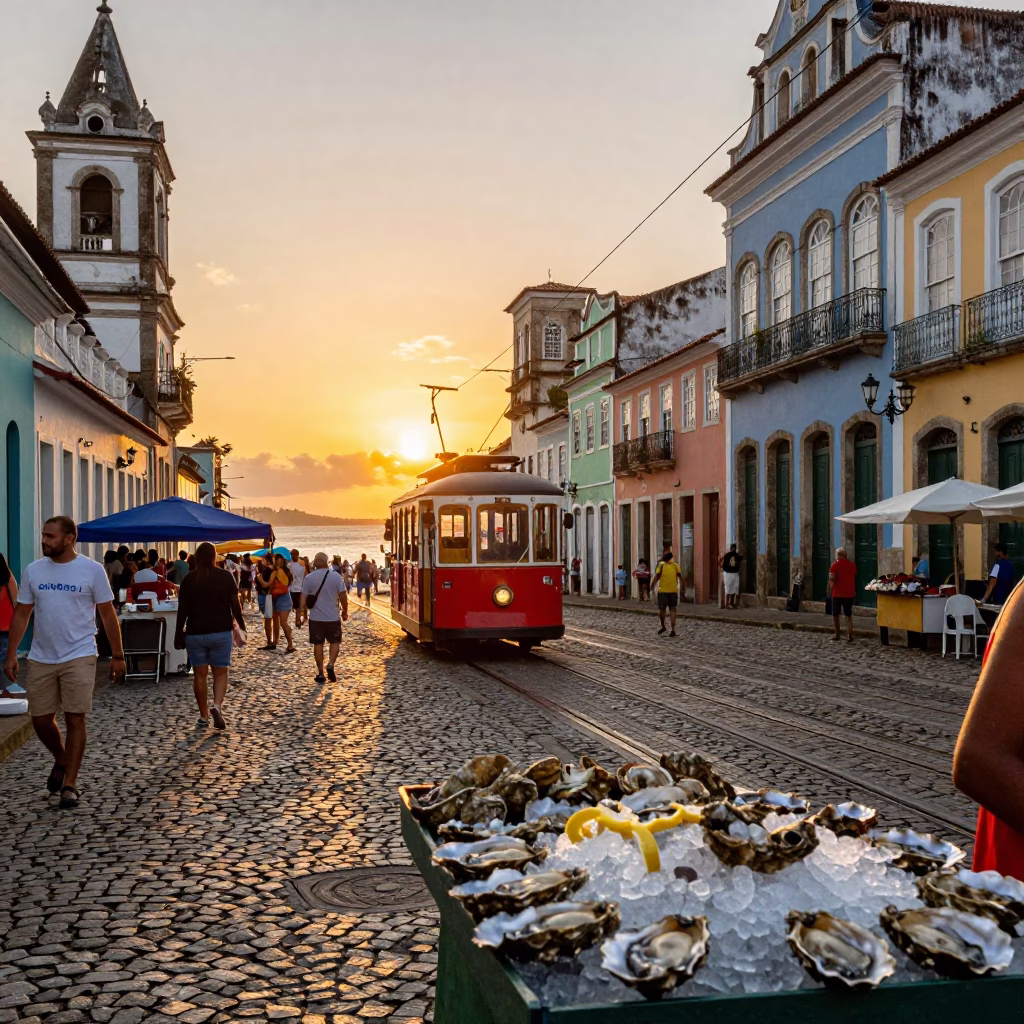Lively Street Scene in Salvador Brazil at Sunset with Funicular and Local Market Activity in in Salvador, Brazil