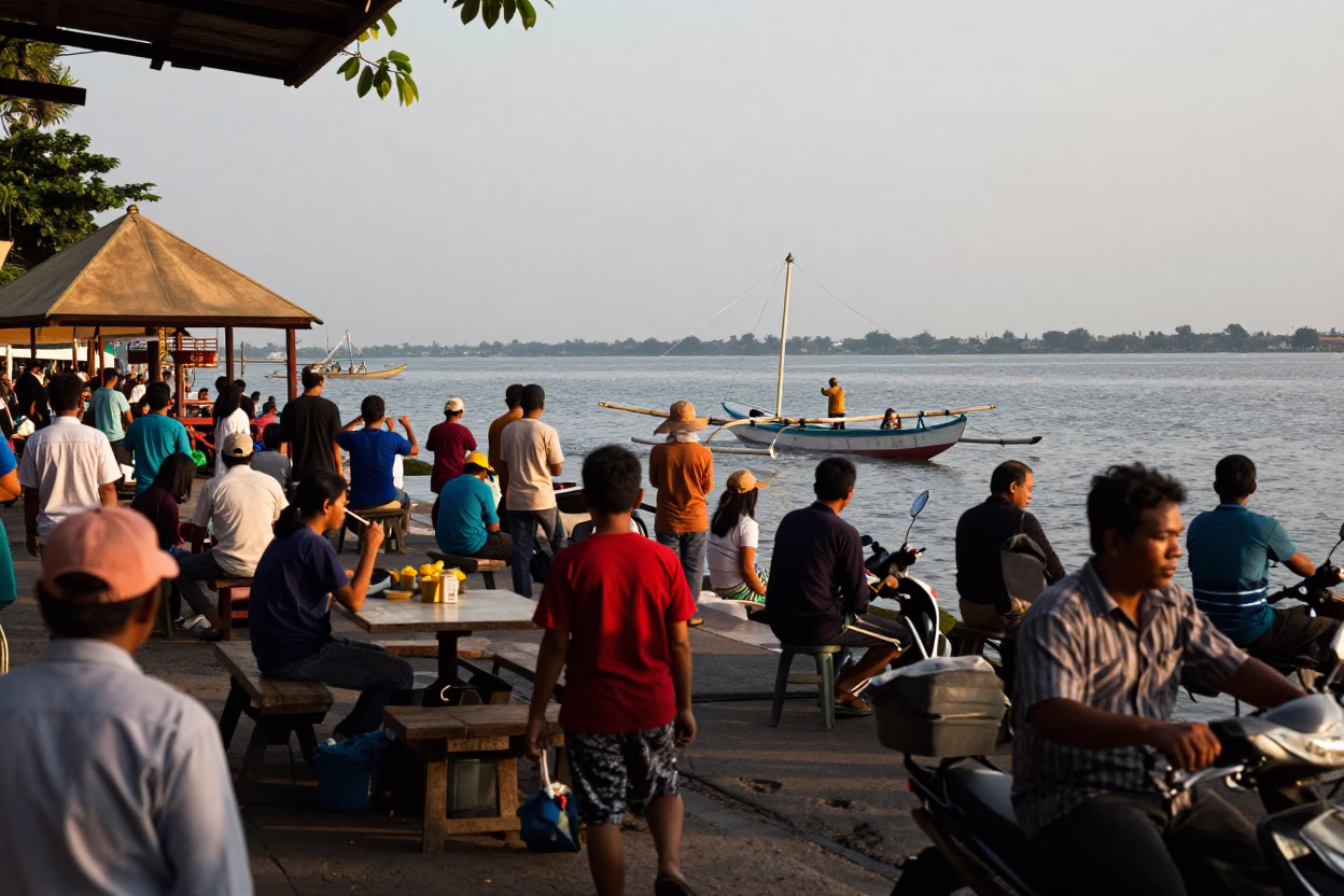 Lively Surabaya Street Scene Late Afternoon with Traditional Fishing Prau and Local Commerce in in Surabaya, Indonesia