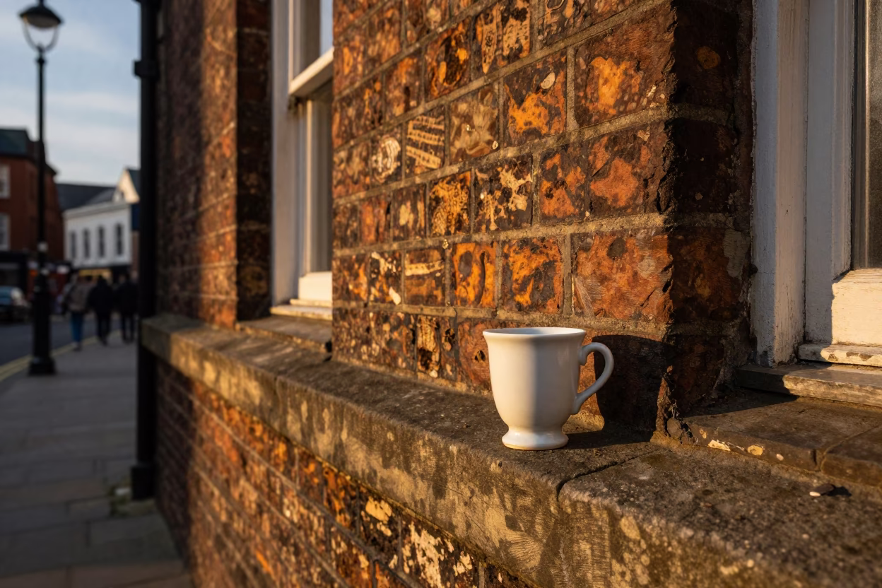 Liverpool 1950s Honeyed Evening Light Street Scene with Ceramic Cup and Wicker Shadow in in Liverpool, United Kingdom