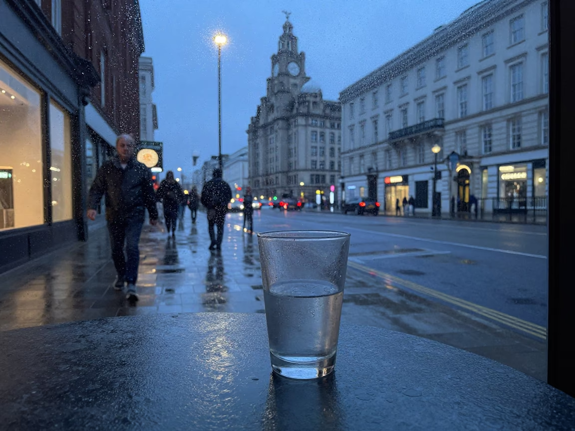 Liverpool Blue Hour Street Scene with Condensation on Glass and Urban Details in in Liverpool, United Kingdom