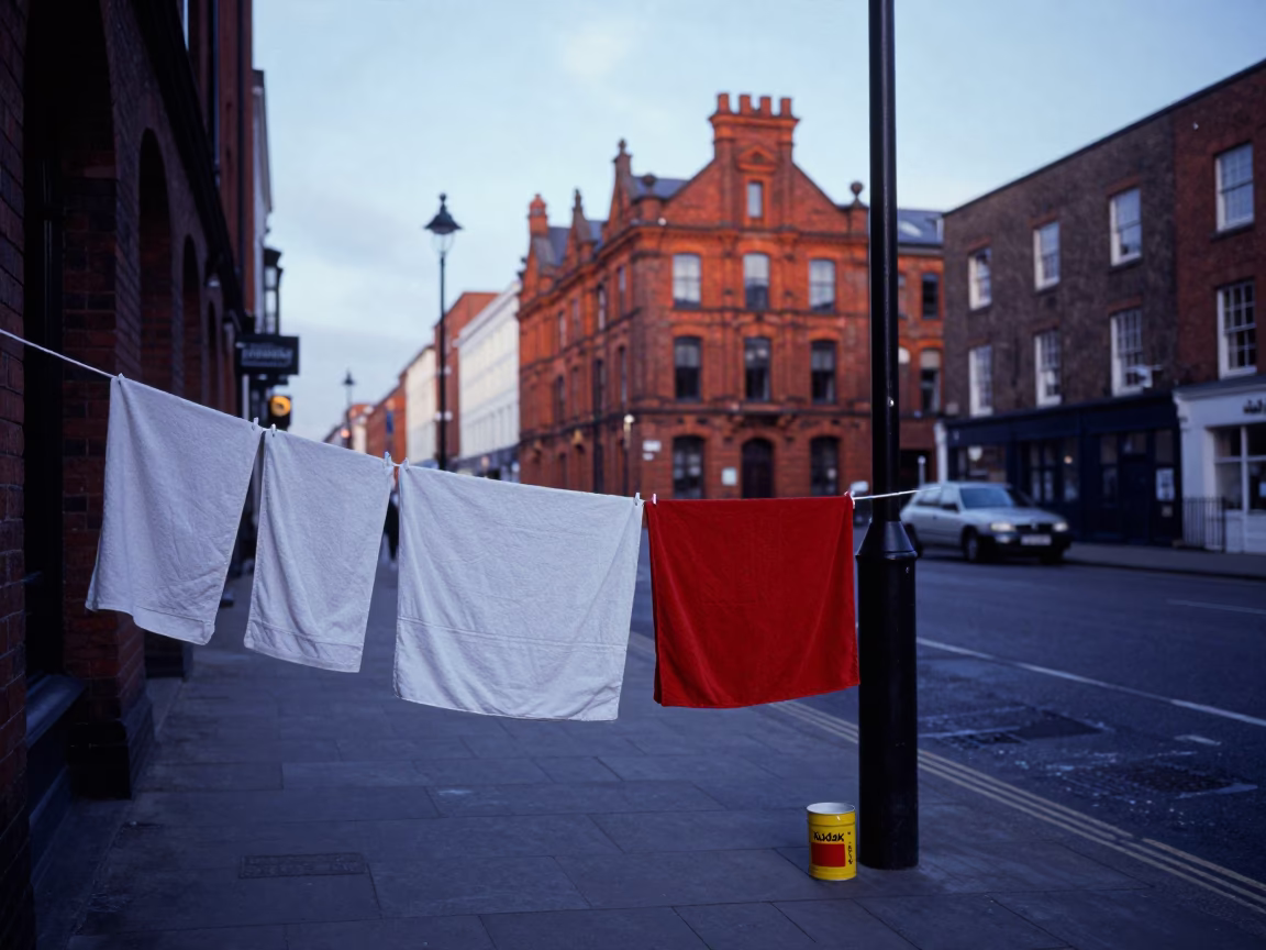 Liverpool Blue Hour Street Scene with Drying Towels and Coffee Tin in in Liverpool, United Kingdom
