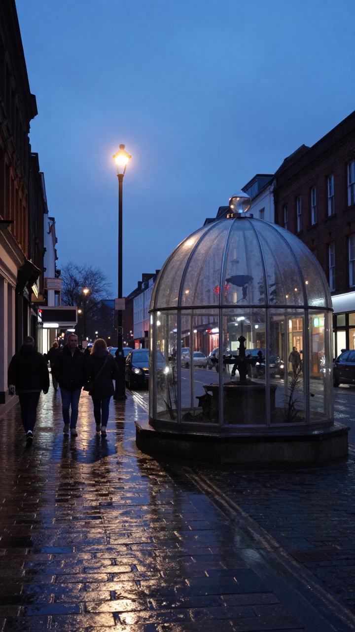 Liverpool Blue Hour Street Scene with Glass Cloche and Vintage Atmosphere in in Liverpool, United Kingdom