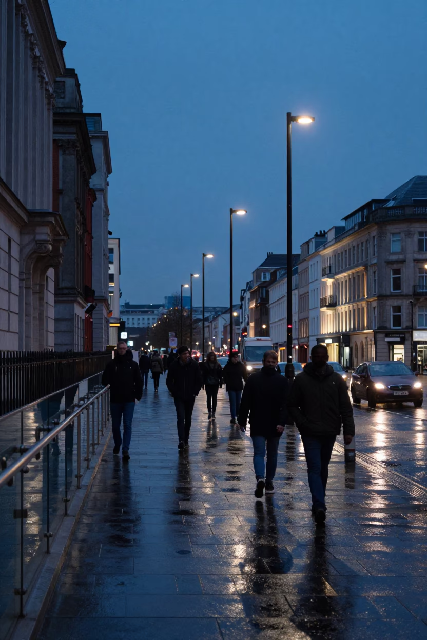 Liverpool Blue Hour Street Scene with Glass Railings and Urban Pedestrians in in Liverpool, United Kingdom