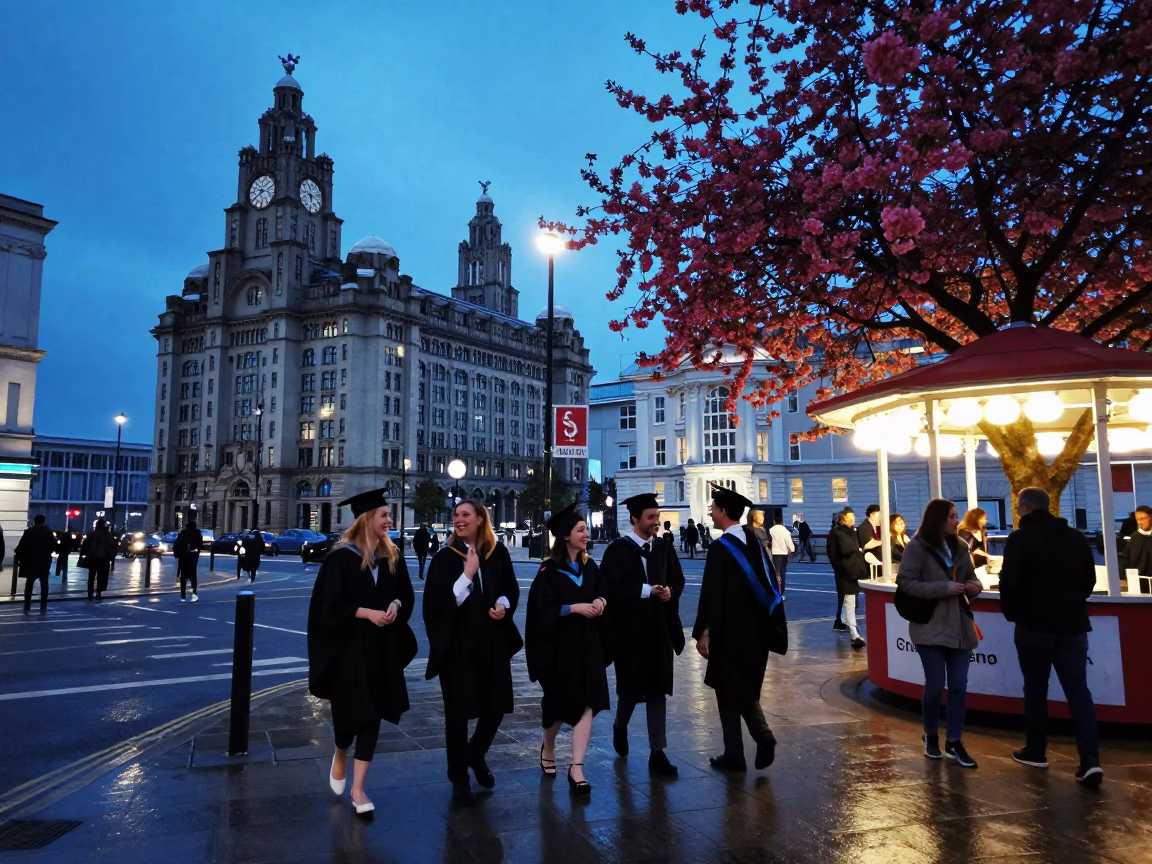 Liverpool Blue Hour Street Scene with Graduation Gowns and Cherry Stall in in Liverpool, United Kingdom