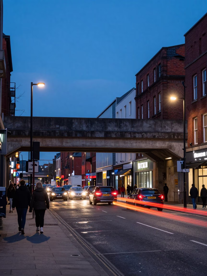 Liverpool Blue Hour Street Scene with Overpass Taillight Streaks and Urban Architecture in in Liverpool, United Kingdom