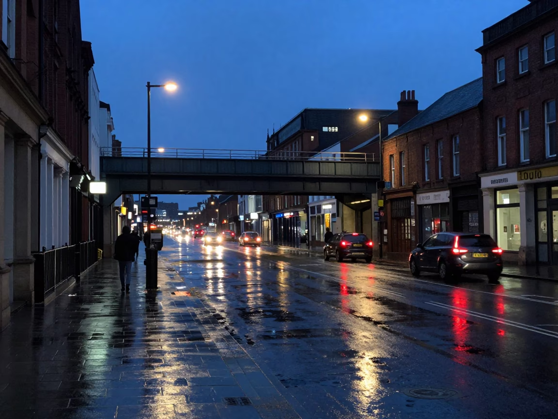 Liverpool Blue Hour Street Scene with Rain-Slicked Overpass and Glowing Taillights in in Liverpool, United Kingdom