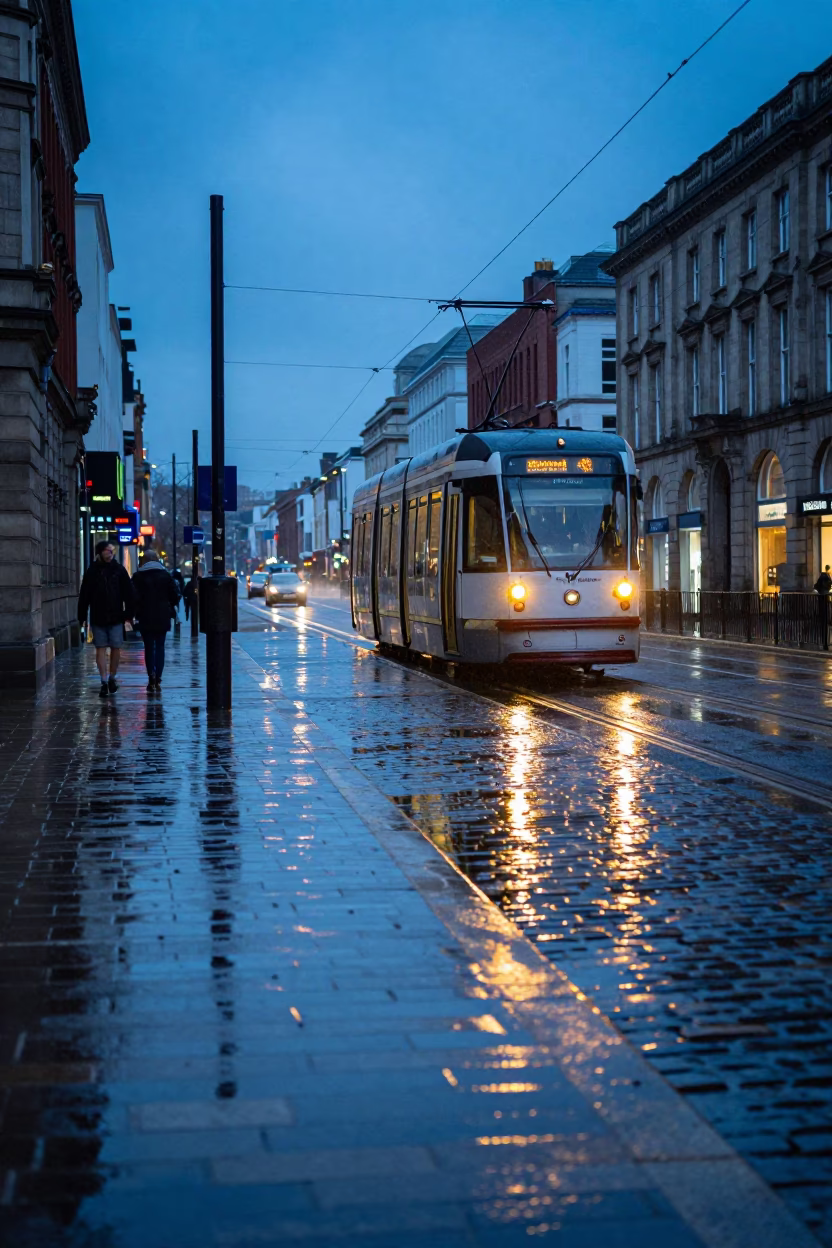 Liverpool Blue Hour Street Scene with Tramcar Reflection in Rain on Cobblestones in in Liverpool, United Kingdom