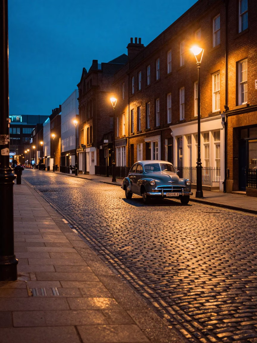 Liverpool Blue Hour Street Scene with Vintage Car and Cobblestone Pavement in in Liverpool, United Kingdom