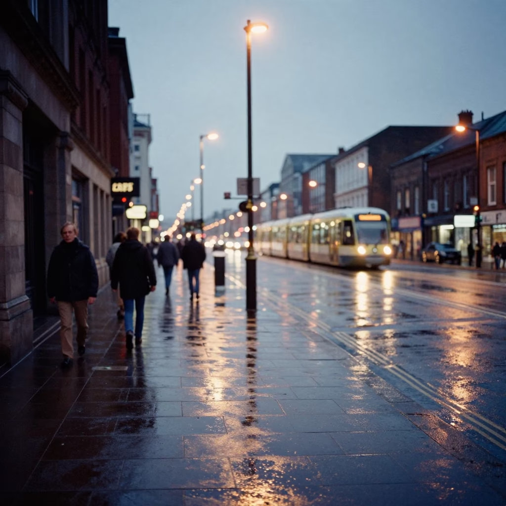 Liverpool Blue Hour Street Scene with Wet Pavement and Distant Monorail Lights in in Liverpool, United Kingdom