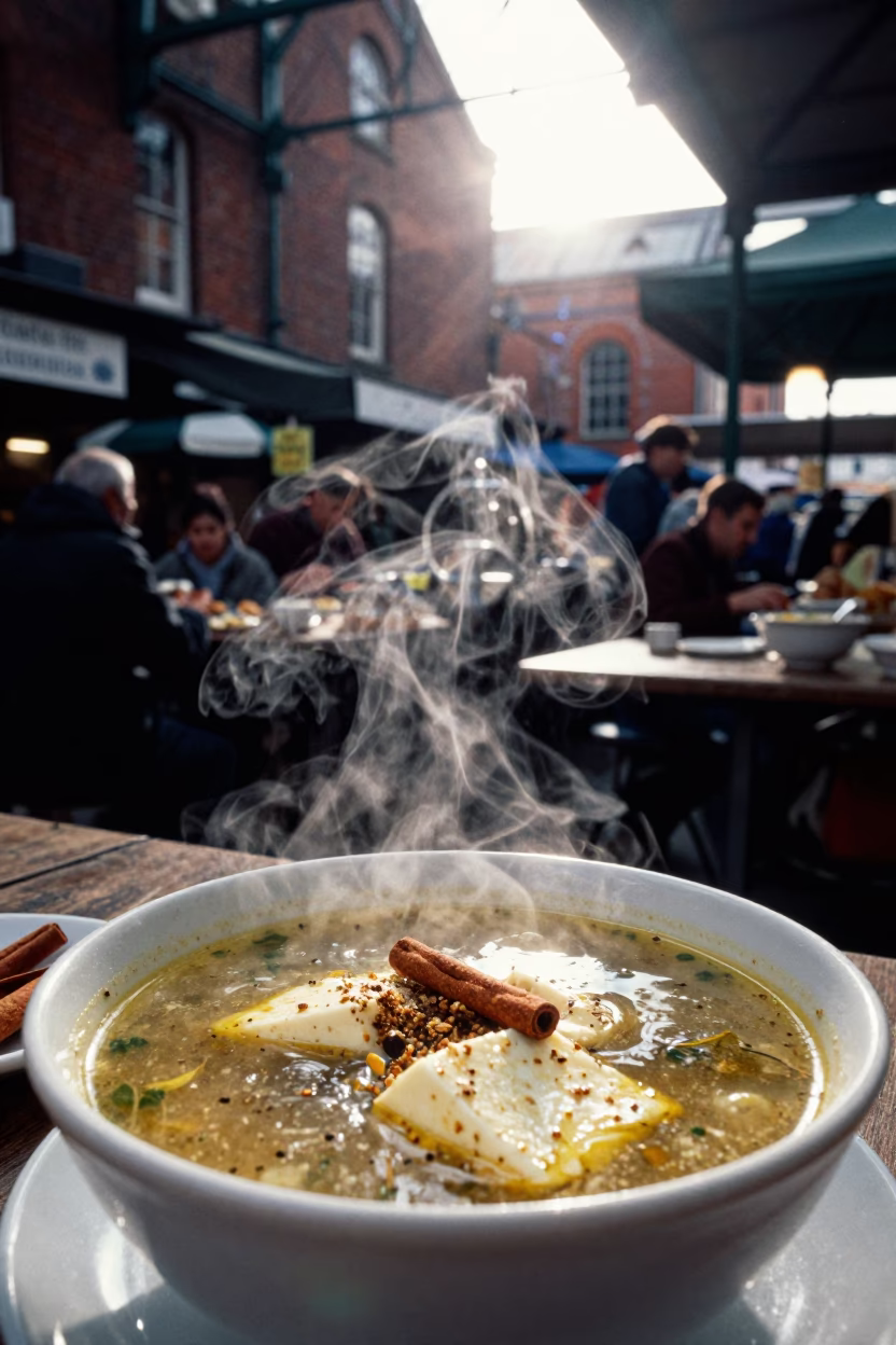 Liverpool Breakfast Market Morning with Cypriot Soup and Cinnamon Rolls at Dawn in in Liverpool, United Kingdom