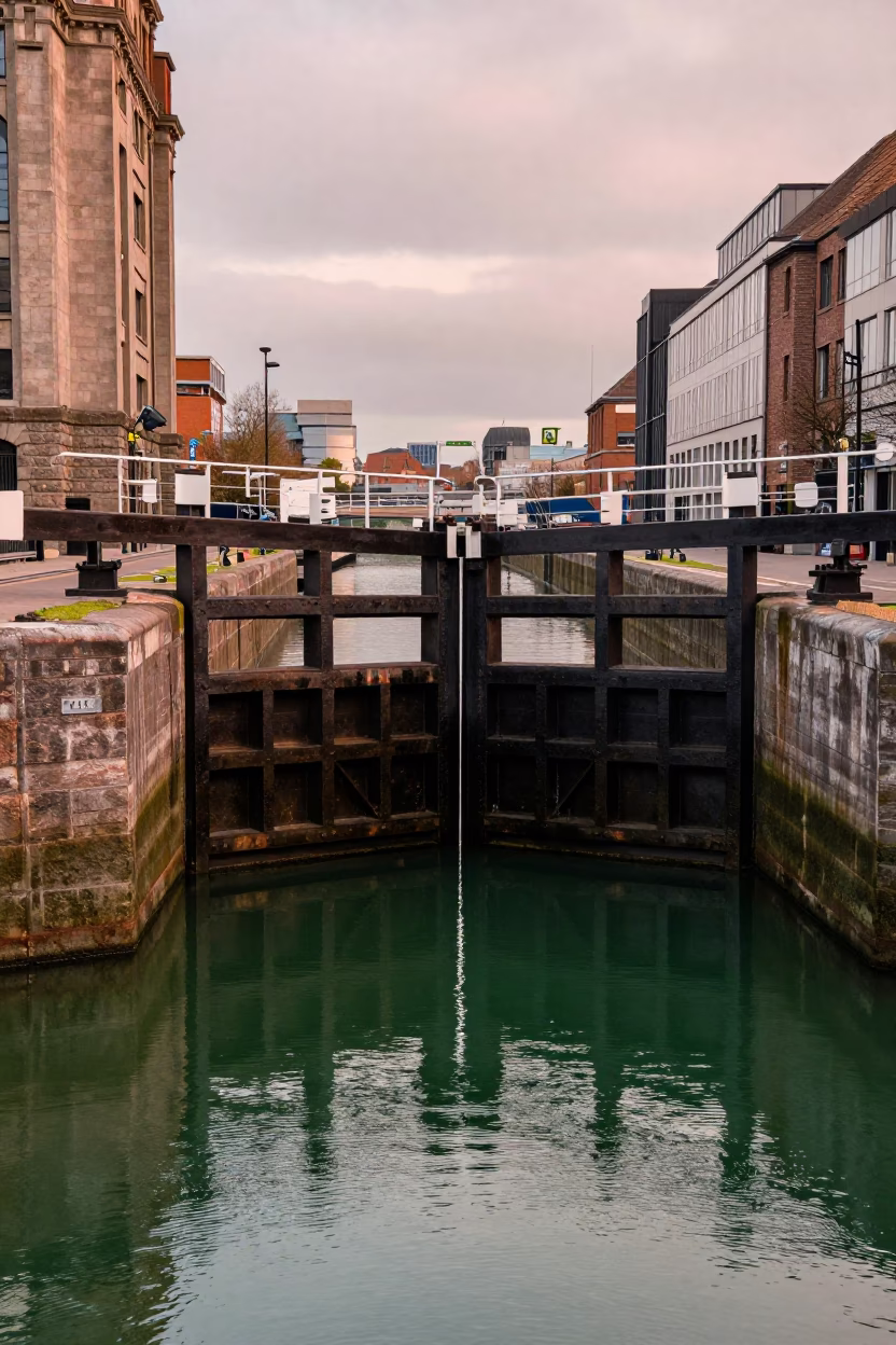 Liverpool Canal Lock Gate Closing on Still Green Water in Copper Toned Dusk Light in in Liverpool, United Kingdom