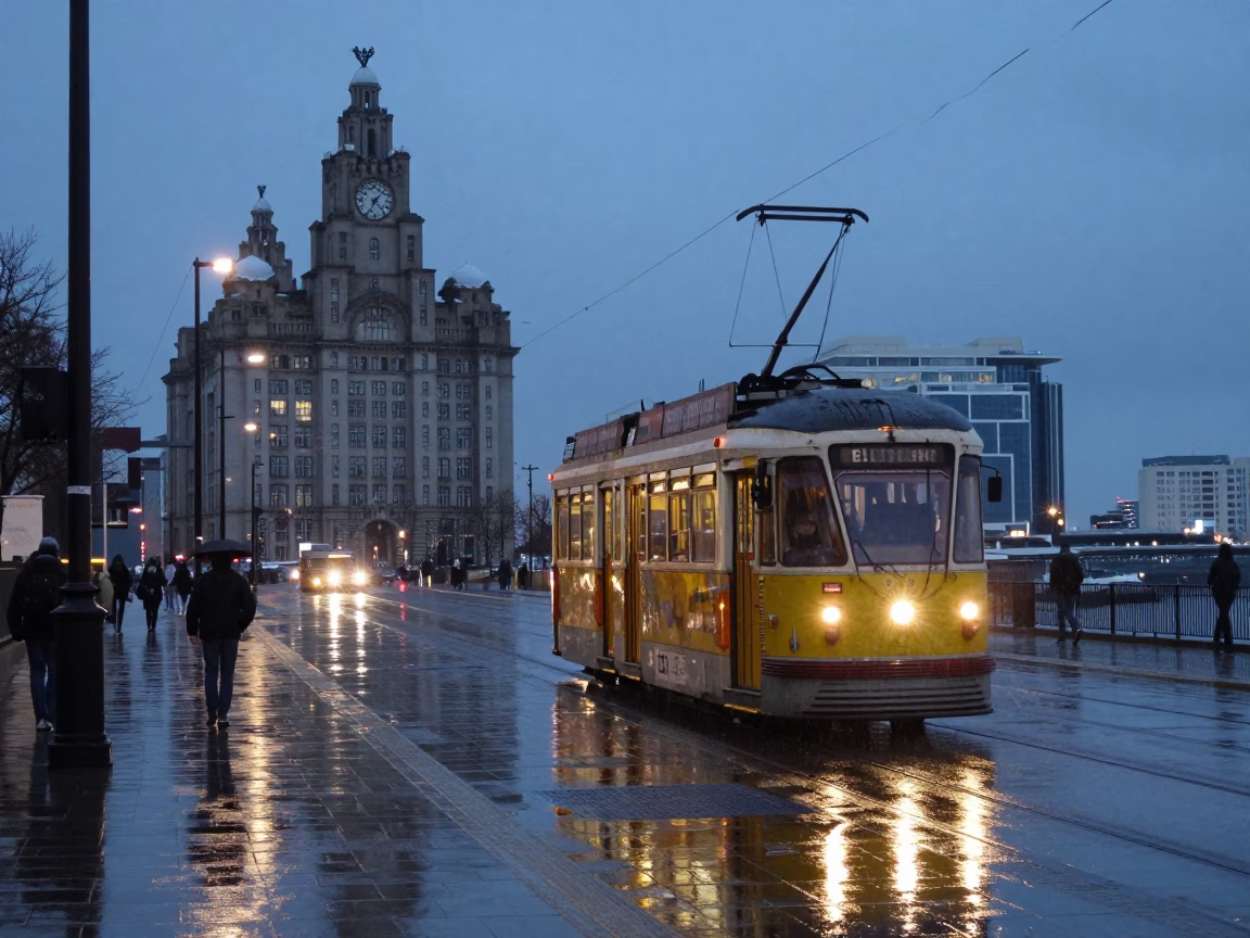Liverpool City Lights Glow Over Rain-Swept Heritage Tram and Street Scene in in Liverpool, United Kingdom