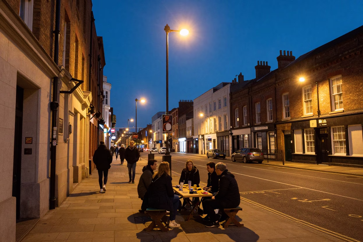 Liverpool City Lights Glow Over Street Scene with Traditional Dishes in in Liverpool, United Kingdom
