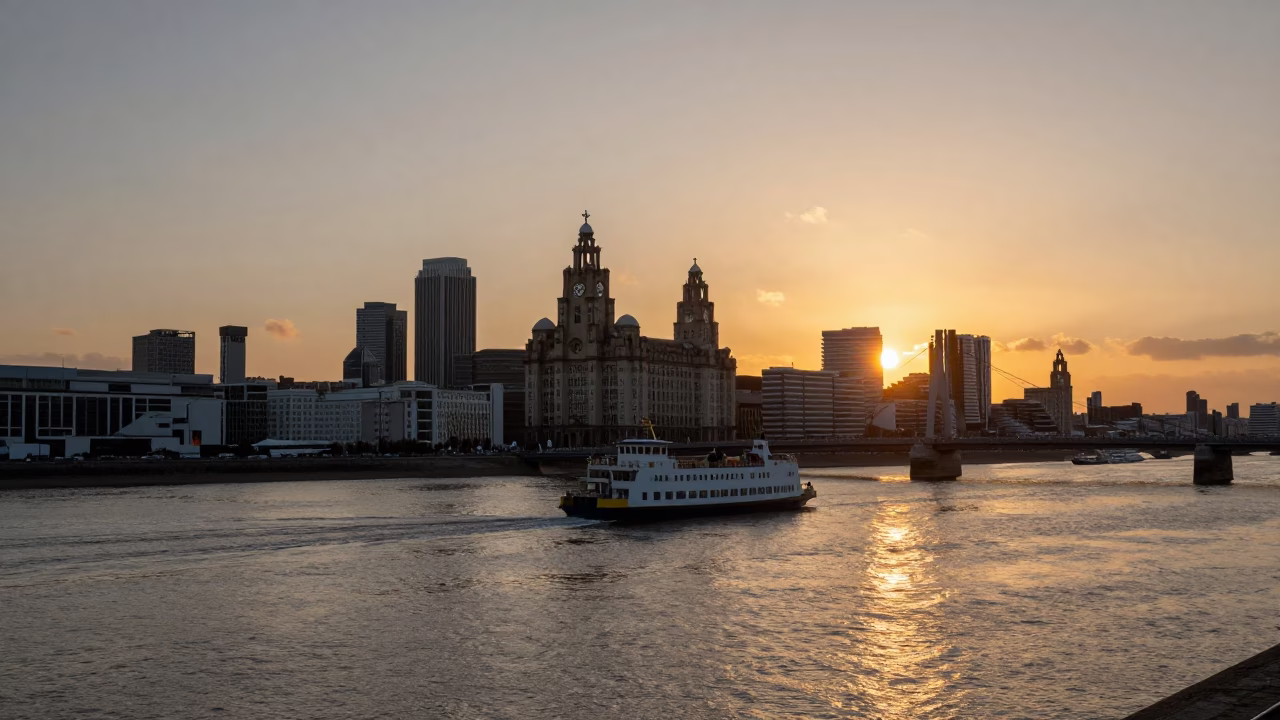 Liverpool Cityscape at Sunset with River Crossing and Urban Details in in Liverpool, United Kingdom