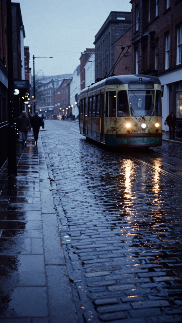 Liverpool Cobblestone Street at Dawn with Tram Reflection and Wet Glass in in Liverpool, United Kingdom