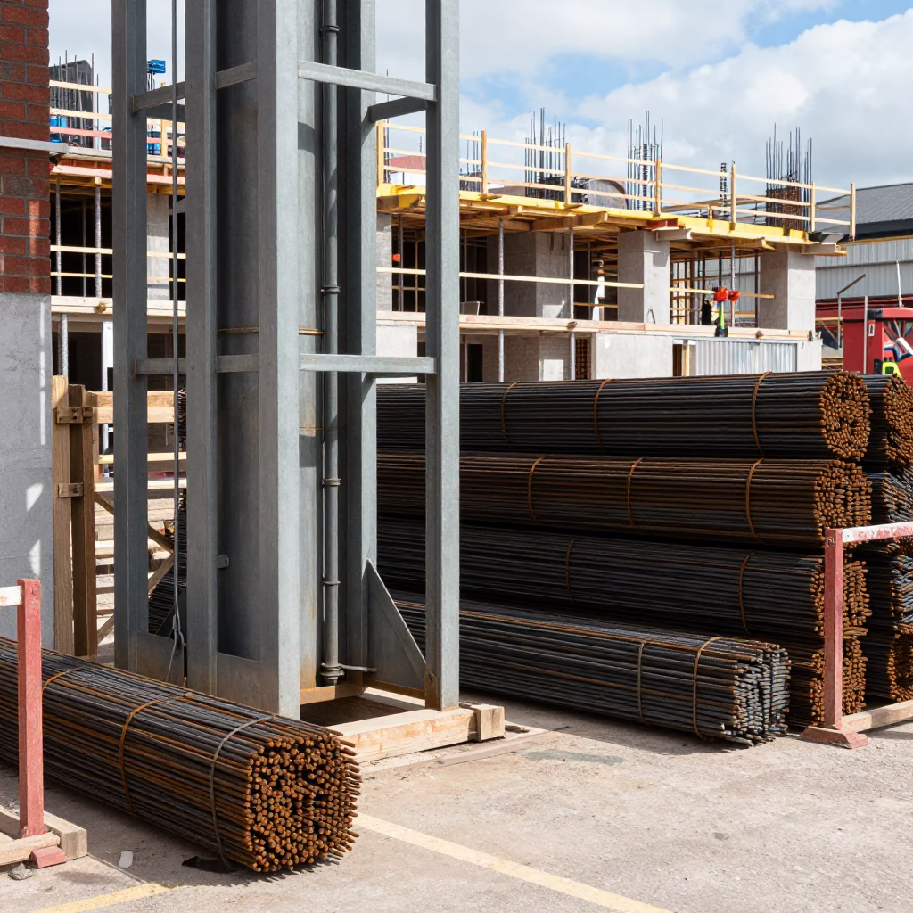 Liverpool Construction Site Midday Rebar Bundles and Elevator Gate in in Liverpool, United Kingdom