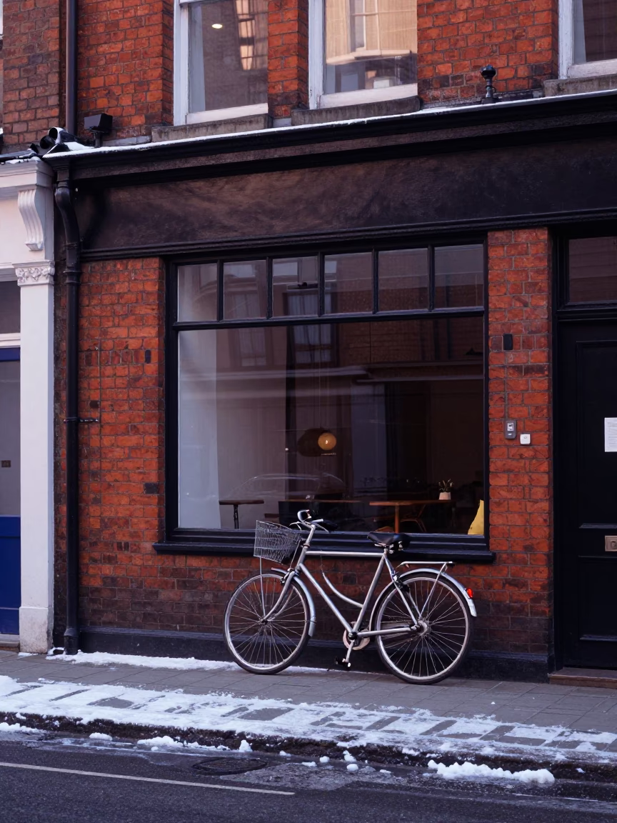 Liverpool Dawn Bicycle Against Bakery Brickwork with Steel Rail and Snow in in Liverpool, United Kingdom