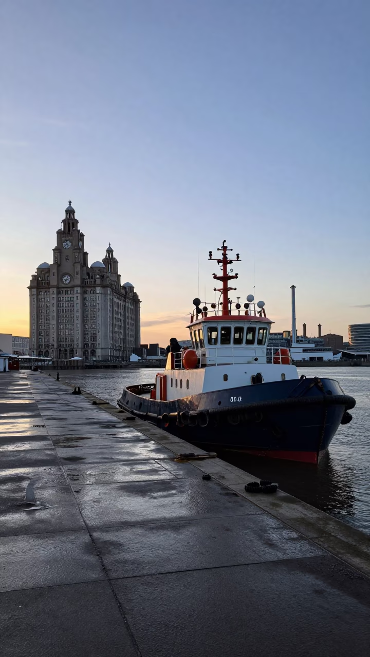 Liverpool Dawn Harbor Scene with Tugboat and Industrial Refinery Dock at First Light in in Liverpool, United Kingdom