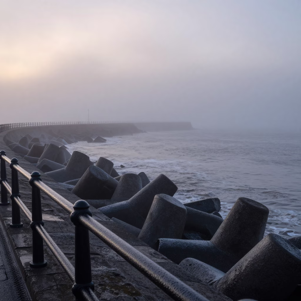 Liverpool Dawn Sea Fog Over Breakwater and Condensation on Rail Before Sunrise in in Liverpool, United Kingdom
