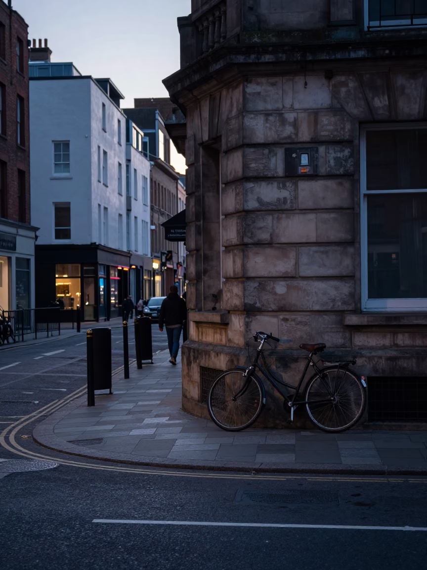 Liverpool Dawn Street Scene with Bicycle and Urban Details Before Sunrise in in Liverpool, United Kingdom