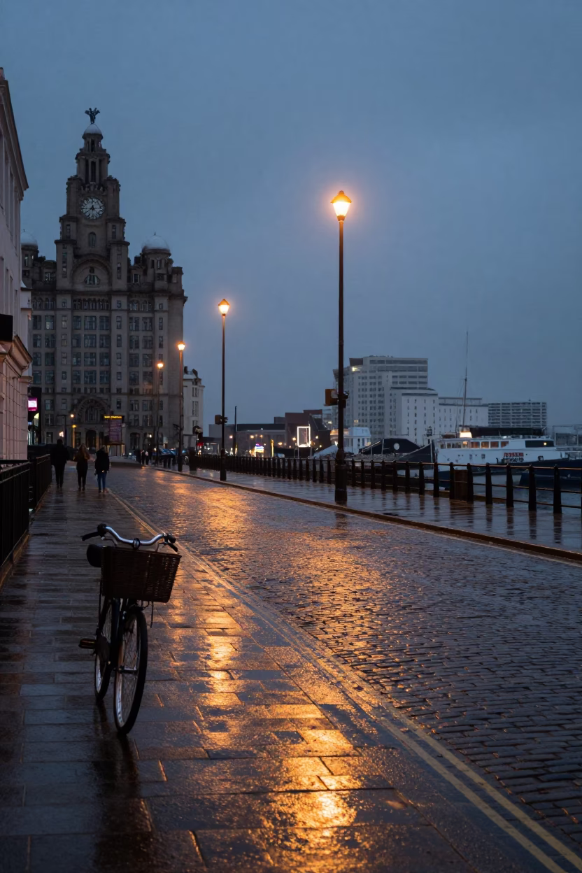 Liverpool Dawn Street Scene with Bicycle Basket and Harbor Promenade Scooter in in Liverpool, United Kingdom