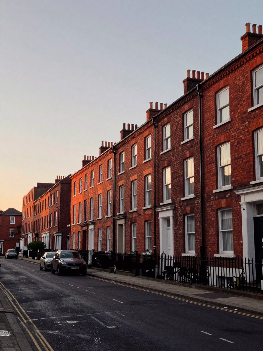 Liverpool Dawn Street Scene with Brick Architecture and Early Morning Light in in Liverpool, United Kingdom