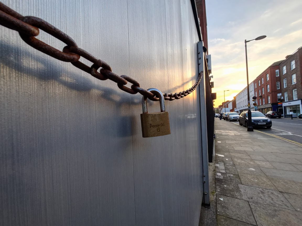 Liverpool Dawn Street Scene with Brushed Steel Wall and Padlock Detail in in Liverpool, United Kingdom