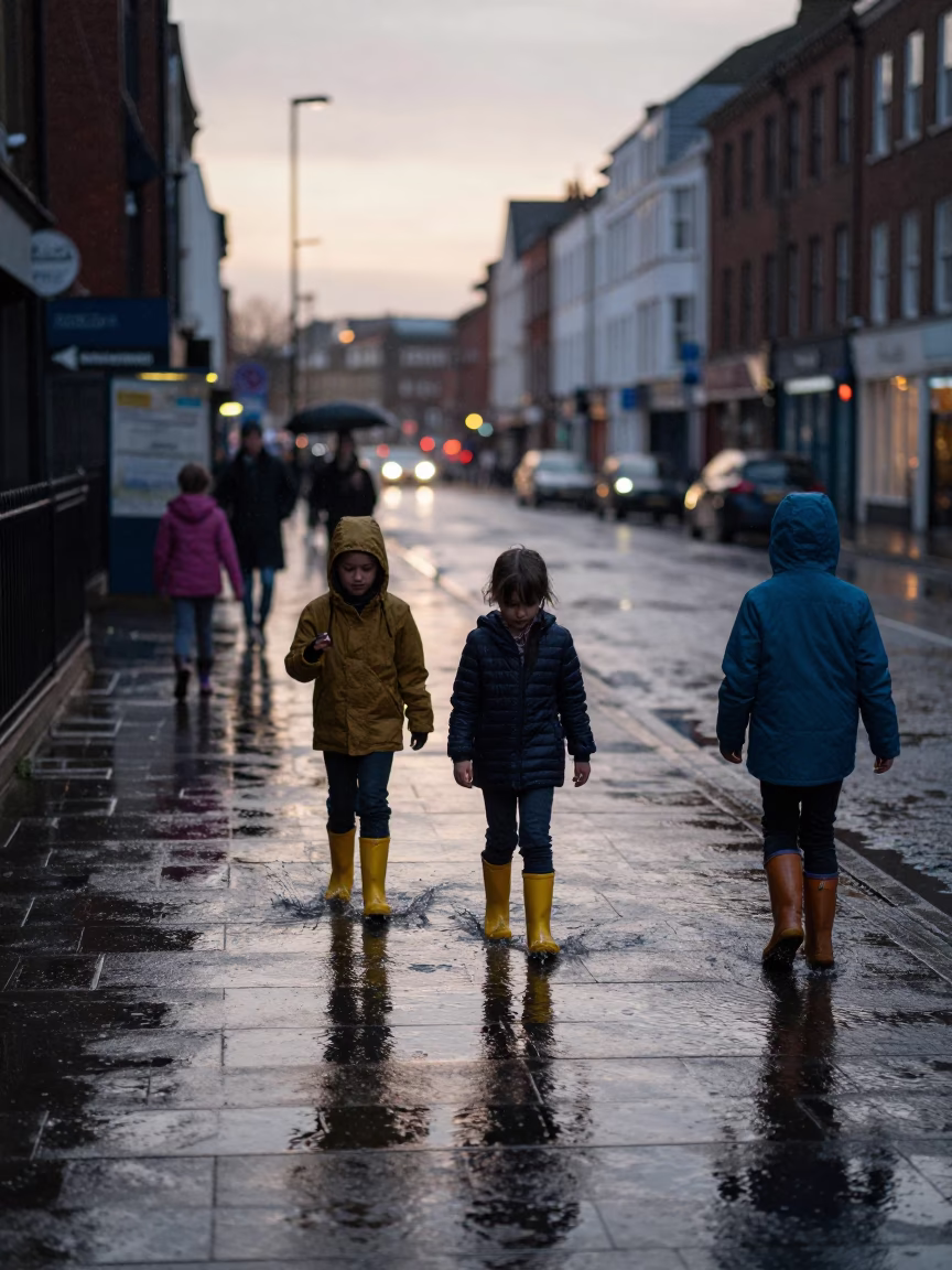 Liverpool Dawn Street Scene with Children Playing in Rain Puddles Near Historic Dockside in in Liverpool, United Kingdom