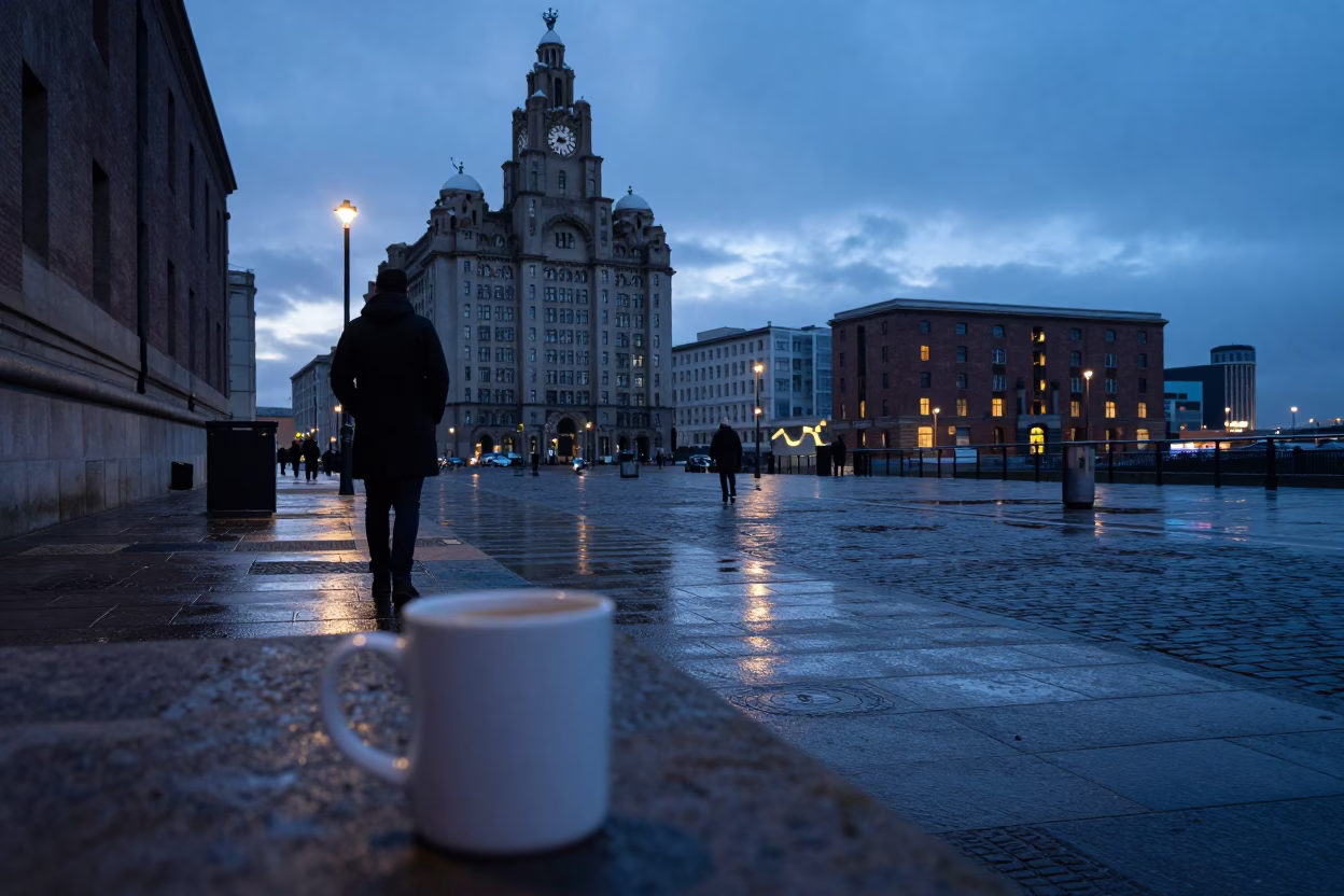 Liverpool Dawn Street Scene with Coffee Mug and Urban Architecture in in Liverpool, United Kingdom