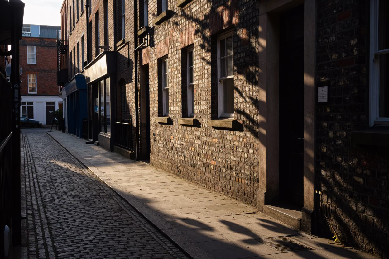 Liverpool Dawn Street Scene with Leaf Shadows on Tiled Floor and Dish Towel in in Liverpool, United Kingdom