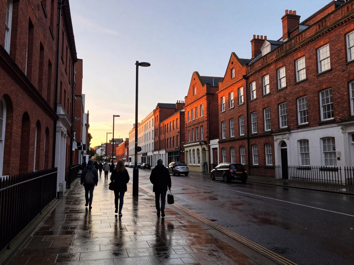 Liverpool Dawn Street Scene with Local Commuters and Historic Brick Architecture in in Liverpool, United Kingdom