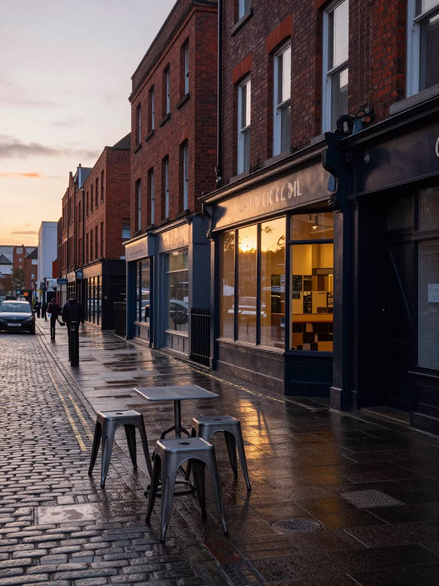 Liverpool Dawn Street Scene with Metal Stools and Glass Carafe on Cobblestones in in Liverpool, United Kingdom