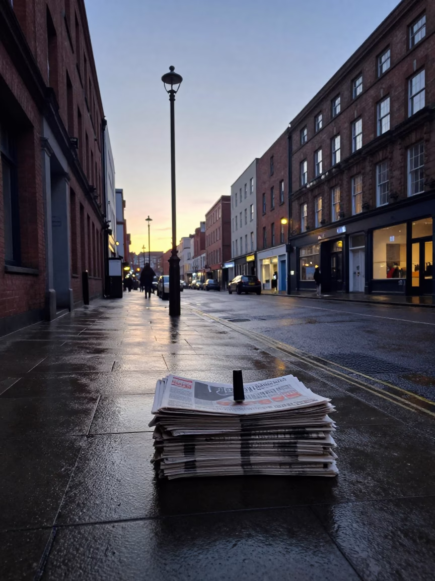 Liverpool Dawn Street Scene with Newspaper Stack and Peg Rail Before Sunrise in in Liverpool, United Kingdom
