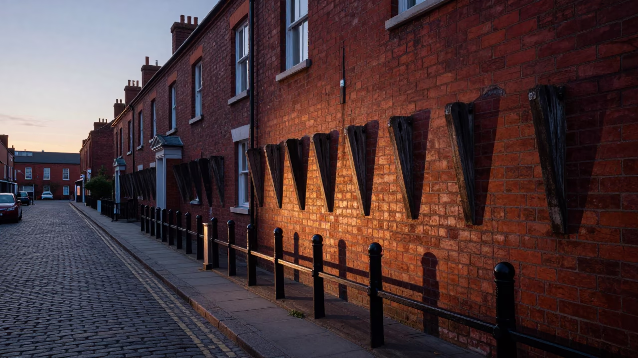 Liverpool Dawn Street Scene with Peg Rails and Metal Bucket on Cobblestone Pavement in in Liverpool, United Kingdom