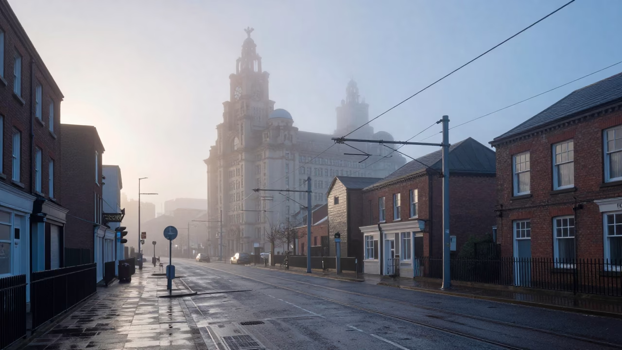 Liverpool Dawn Street Scene with Rail Catenary System and Urban Fog in in Liverpool, United Kingdom