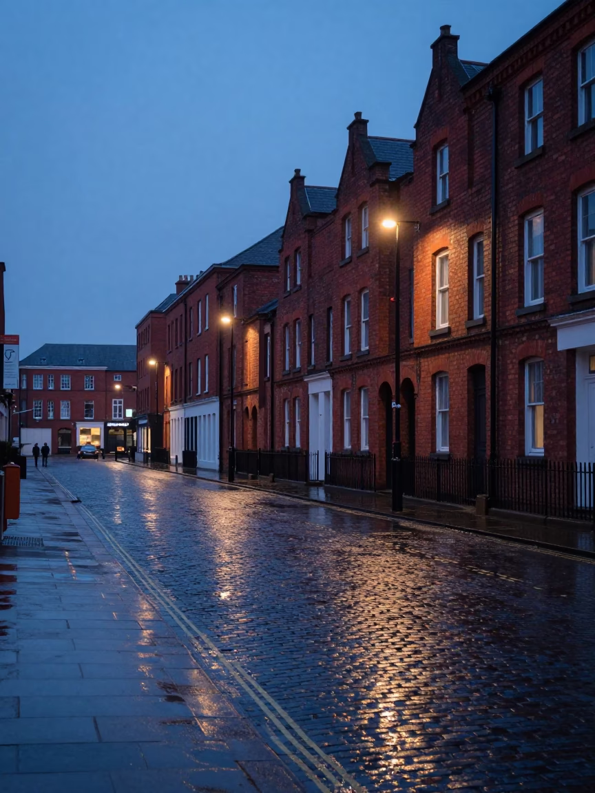 Liverpool Dawn Street Scene with Red Brick Architecture and Wet Pavement Reflections in in Liverpool, United Kingdom