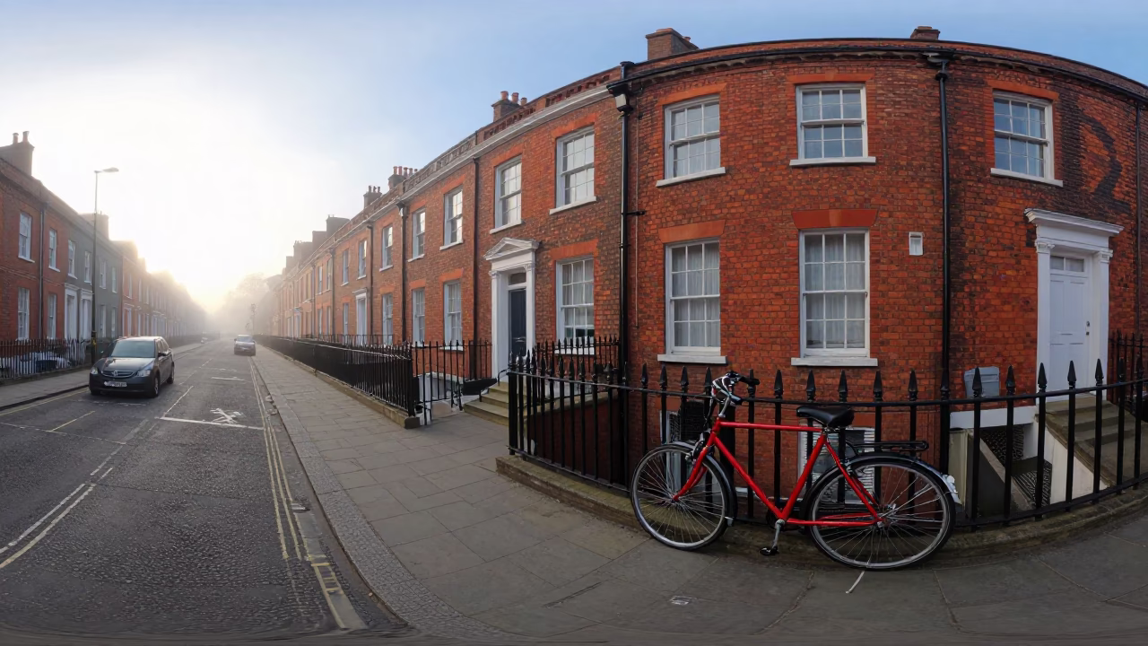 Liverpool Dawn Street Scene with Vintage Bicycle and Red Brick Architecture in in Liverpool, United Kingdom