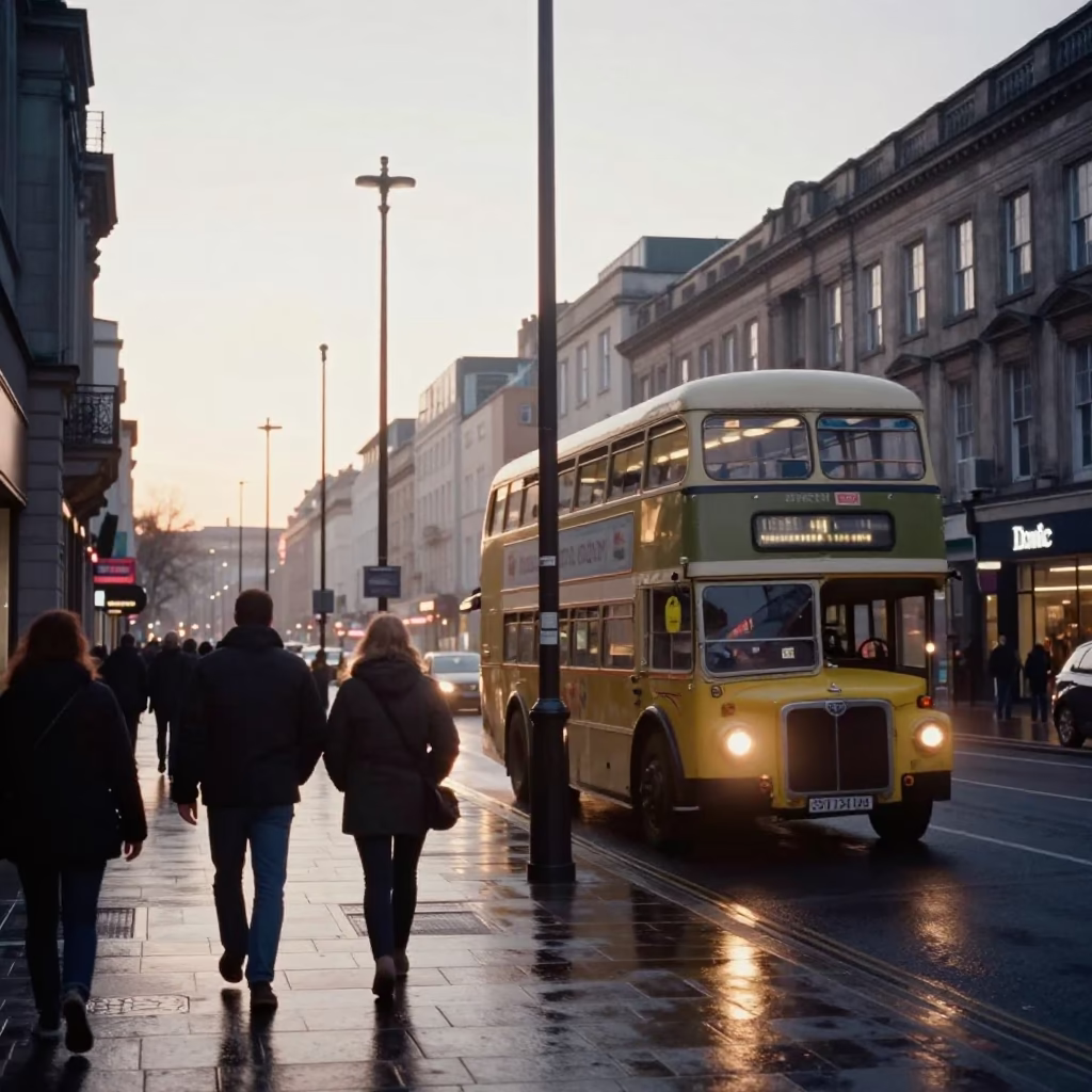 Liverpool Dawn Street Scene with Vintage Bus and Local Market Activity in in Liverpool, United Kingdom