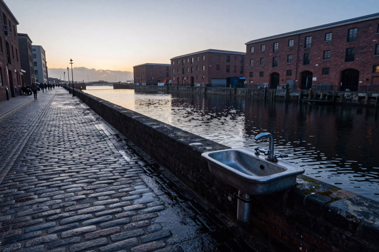 Liverpool Dawn Street Scene with Wash Basin and Canal Lock Gate in in Liverpool, United Kingdom