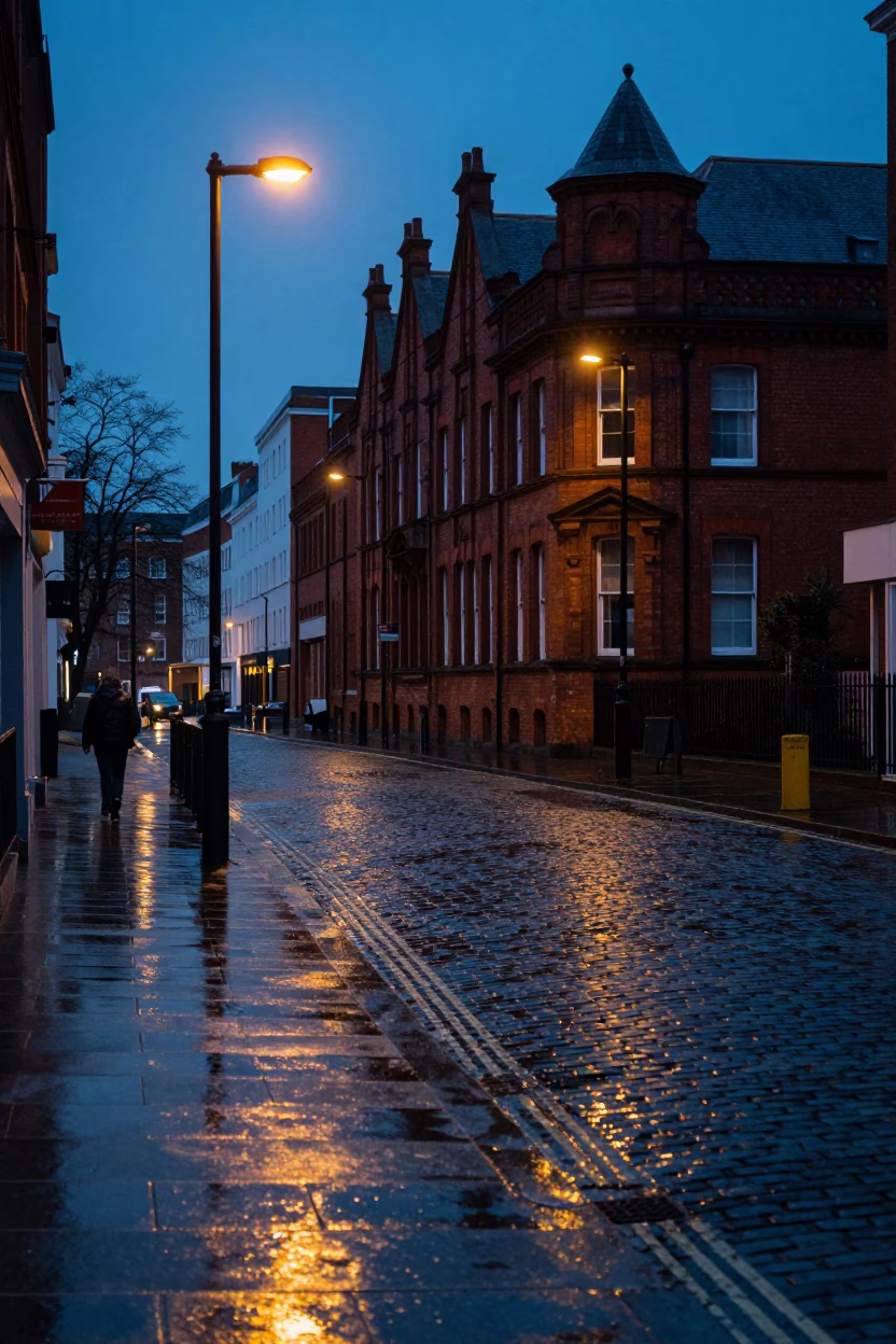 Liverpool Dawn Street Scene with Wet Pavement and Urban Architecture in in Liverpool, United Kingdom