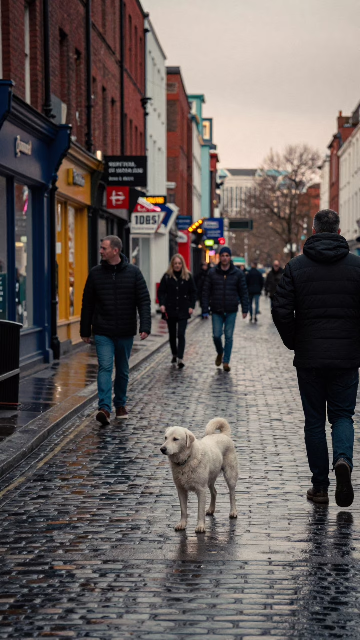 Liverpool Dawn Street Scene with White Dog and Local Market Stalls in in Liverpool, United Kingdom