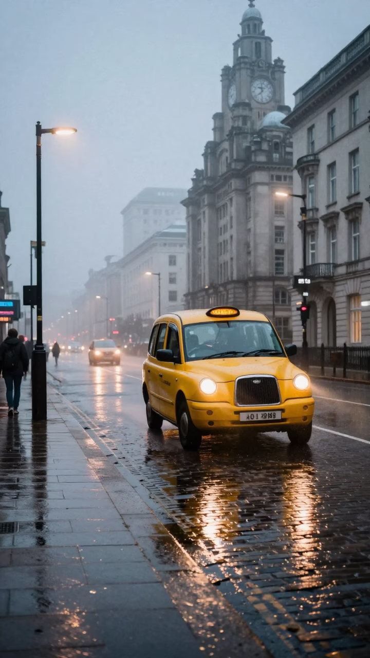 Liverpool Dawn Street Scene with Yellow Taxi and Wet Cobblestones in in Liverpool, United Kingdom