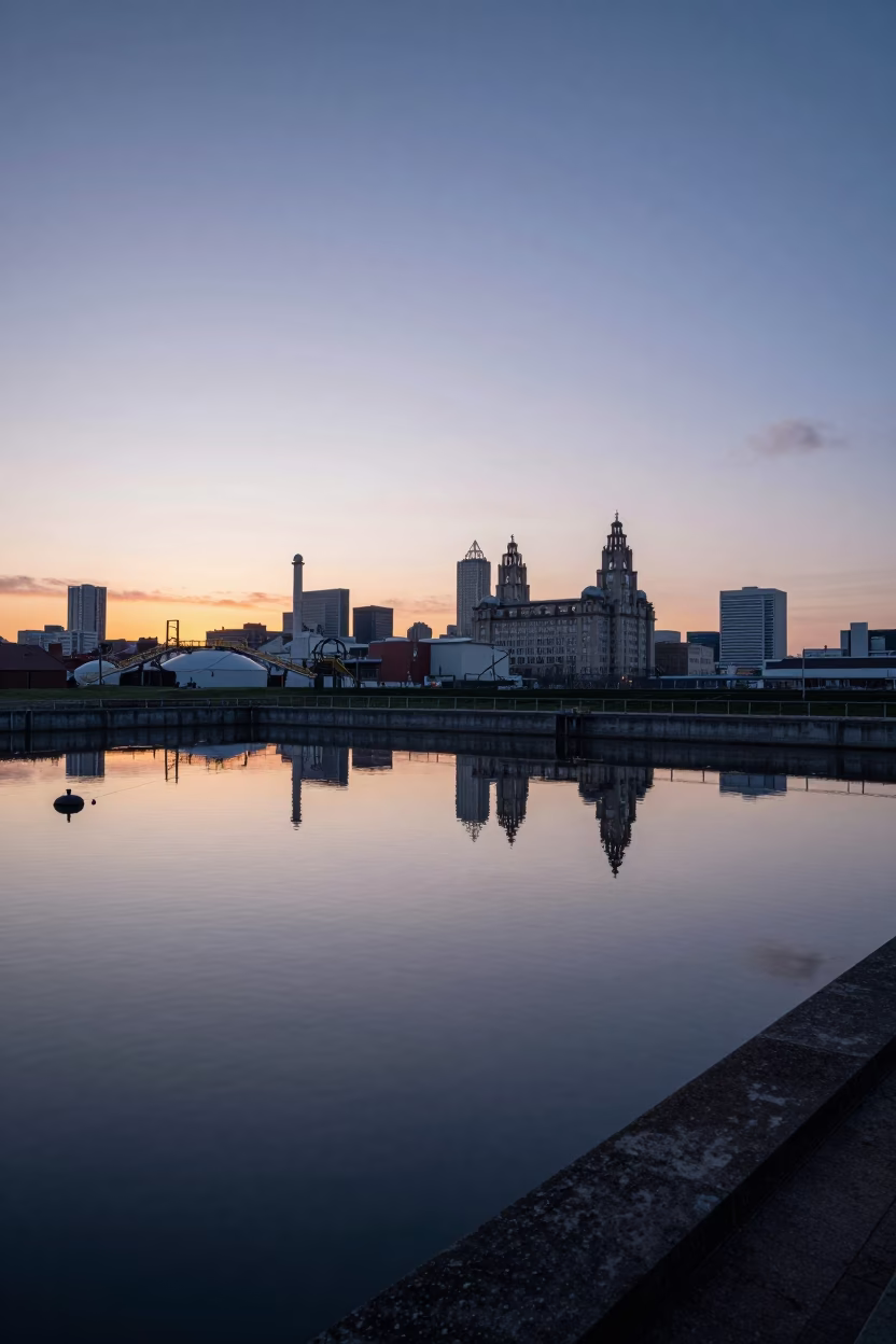 Liverpool Dawn Water Treatment Basin Reflecting Industrial Sky in in Liverpool, United Kingdom