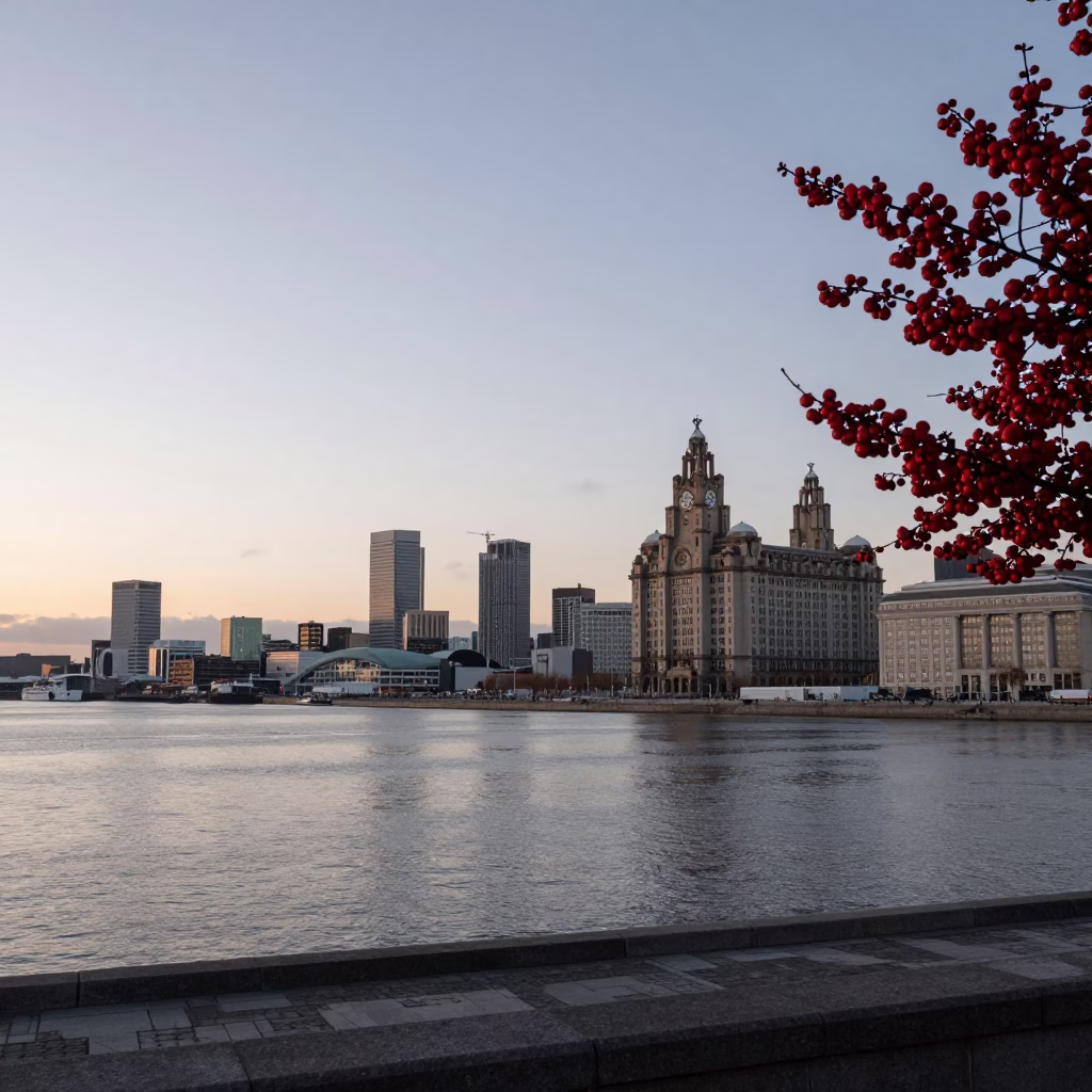 Liverpool docklands at dawn with red fruit on a wooden crate near the water in in Liverpool, United Kingdom