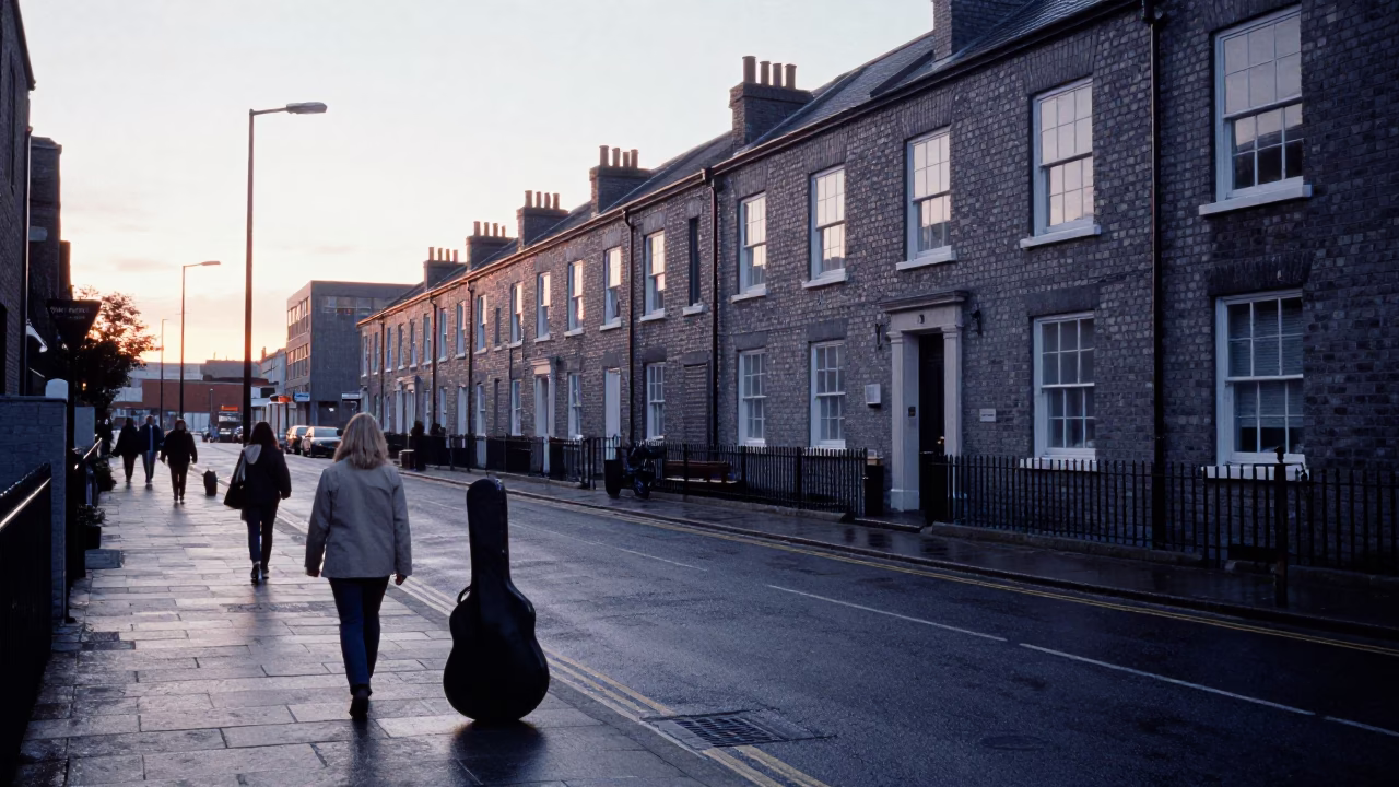 Liverpool Docklands Pre-Dawn Street Scene with Guitar Case and Brick Architecture in in Liverpool, United Kingdom