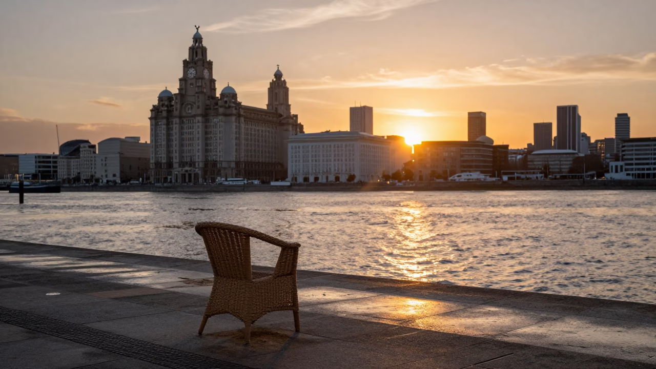 Liverpool Docklands Sunset View with Wicker Chair and Urban Waterfront Scene in in Liverpool, United Kingdom