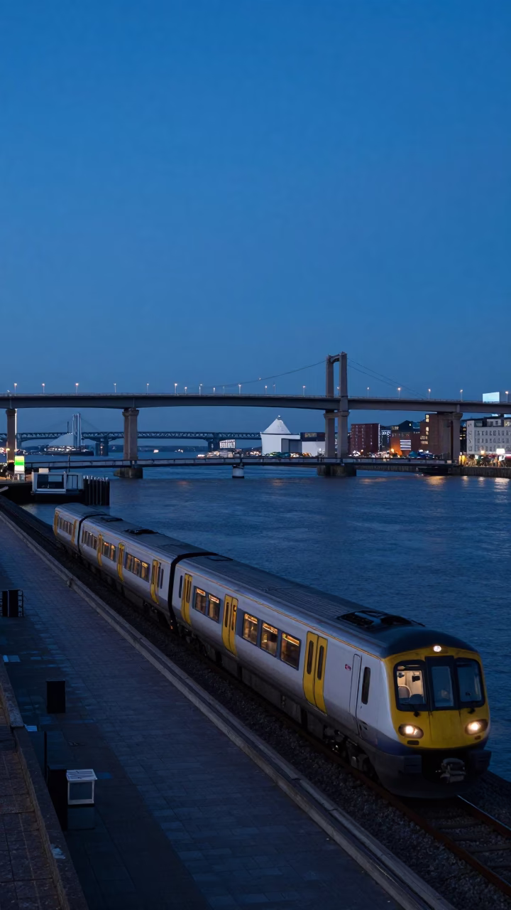 Liverpool Docks at Dawn with Commuter Train Crossing the Bridge in Blue Hour in in Liverpool, United Kingdom