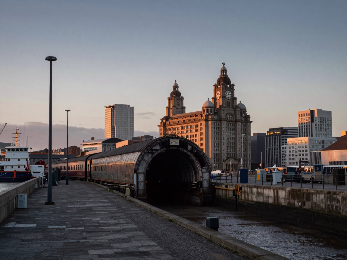 Liverpool Docks at Nautical Dawn with Steam Train Tunnel and Brass Hardware in in Liverpool, United Kingdom