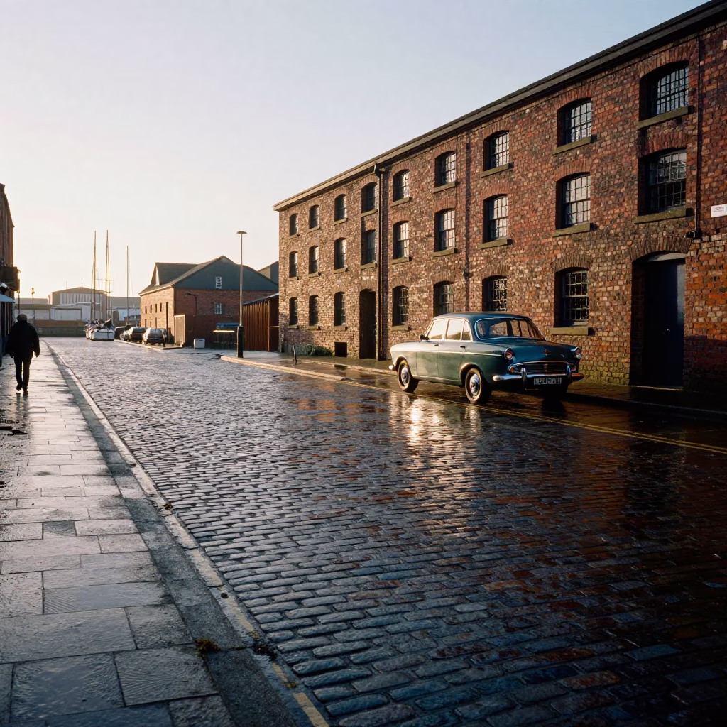 Liverpool Docks at Nautical Dawn with Vintage Car and Wet Cobblestones in in Liverpool, United Kingdom