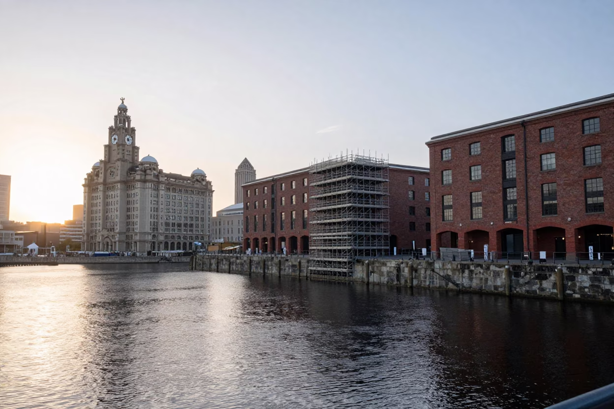Liverpool Docks at Sunrise with Scaffolding and Industrial Architecture in in Liverpool, United Kingdom